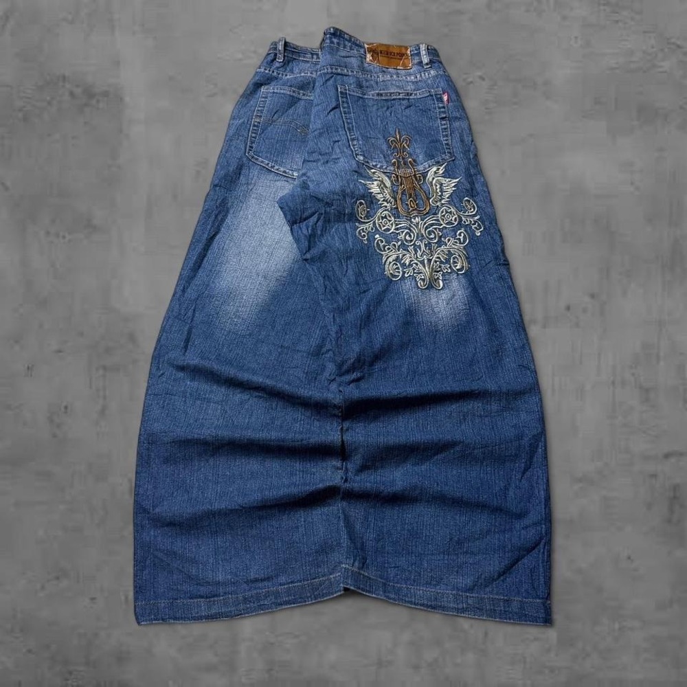 Y2K Vintage 2000s Baggy Ice Point Satisfaction Angel Wing Embroidered Jeans